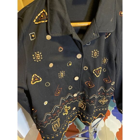 Onque Casuals Beaded Decorated Black Long Sleeve Button Down Top Sz M - Picture 3 of 8